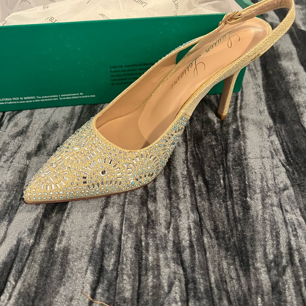 Lauren Lorraine Gold Rhinestone Embellished Pointed Slingback Heels